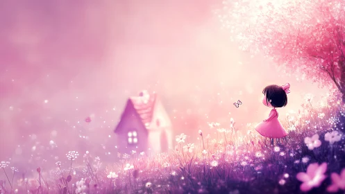 Little dreamer girl wandering through a soft pink meadow.