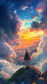 Young adventurer watches a blazing, dreamlike sky unfold