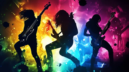 Neon stage erupts as silhouetted rock trio splashes color