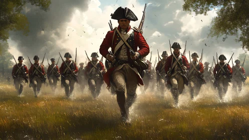 Redcoat soldiers stride forward across a sunlit battlefield