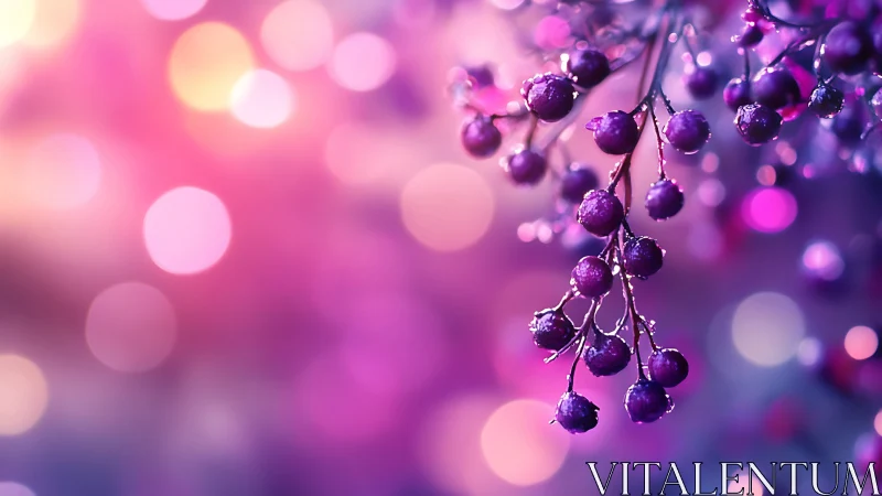 Dreamy dewlit berries against a neon dusk bokeh haze.