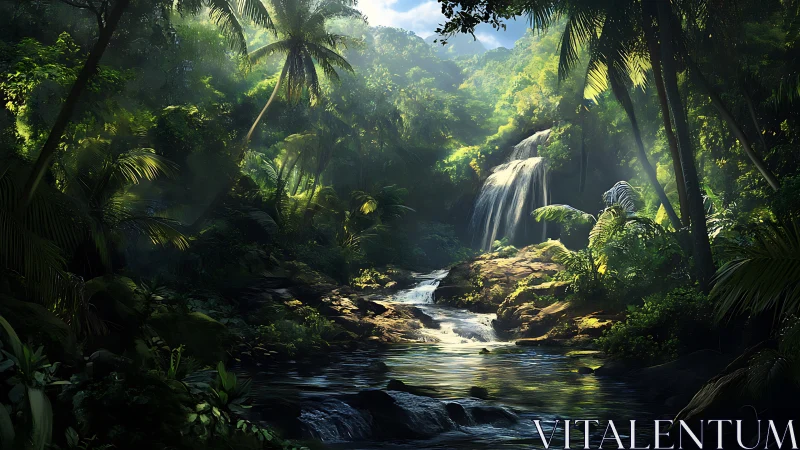 Tropical Waterfall Through Lush Jungle Canopy.