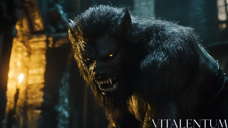 Brooding werewolf guardian glowing in eerie castle light.