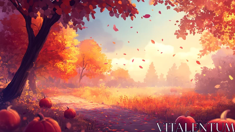 Digital autumn path with pumpkins in warm cinematic lighting.