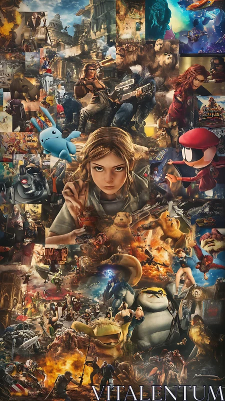 Dynamic collage of video game heroes and action scenes.