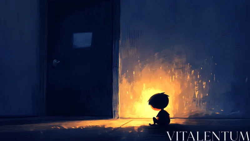 Child silhouette near glowing doorway in dark room.