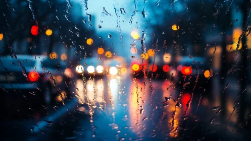 Rain streaked windshield over neon city traffic at dusk.