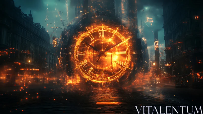 Timefire clock swirling through a stormlit city street.
