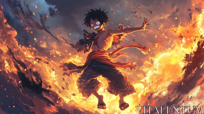 Anime figure is suspended in a vortex of stylized flames