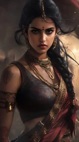 Fierce warrior woman in ornate Indian inspired attire.