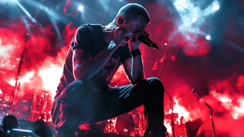 Rock vocalist screaming into microphone on red lit stage.