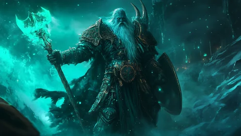 Frost warlord commands glowing axe in cursed ice caverns.
