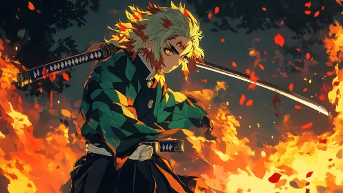 Swordsman stands amid stylized flames with dual katanas drawn