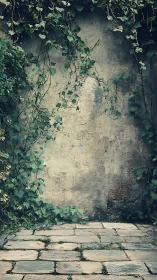 Old courtyard wall with climbing ivy and worn stone floor.