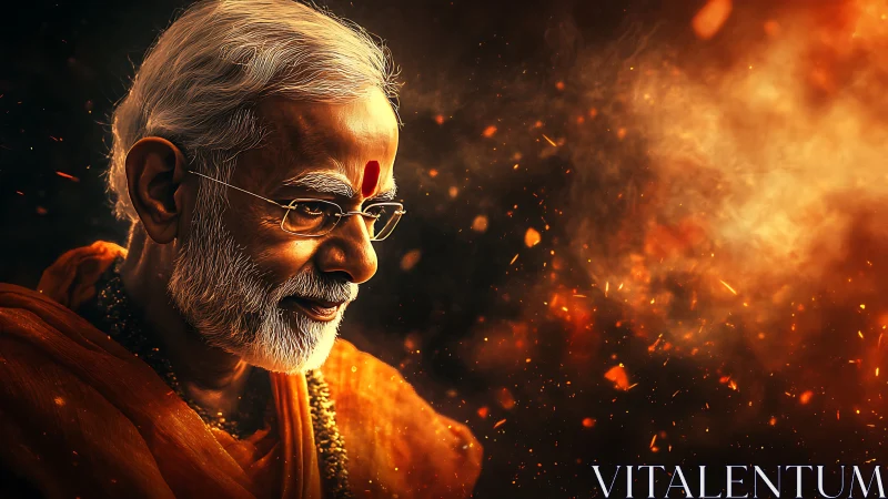 Ember-crowned elder in saffron, smiling through sparks.