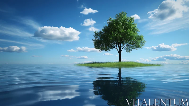 Lone dreamer tree floats quietly between sky and sea