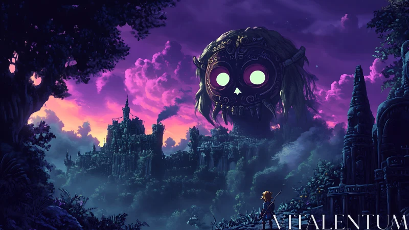 Lone adventurer meets glowing skull moon above lost city.