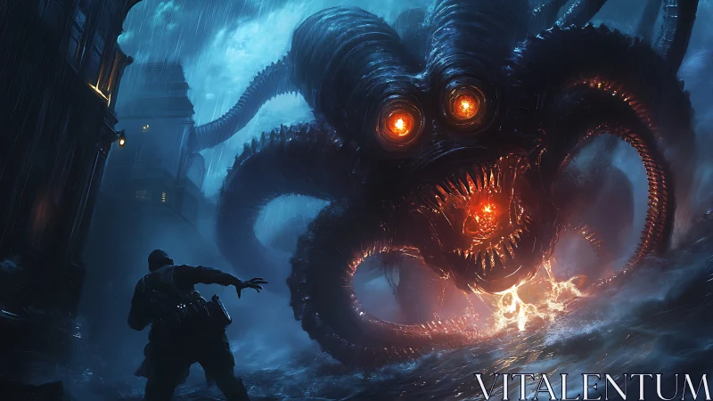 Giant tentacled sea monster attacks lone soldier in storm