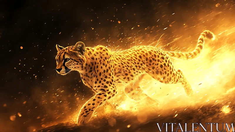 Cheetah in Motion Surrounded by Golden Fire Effect