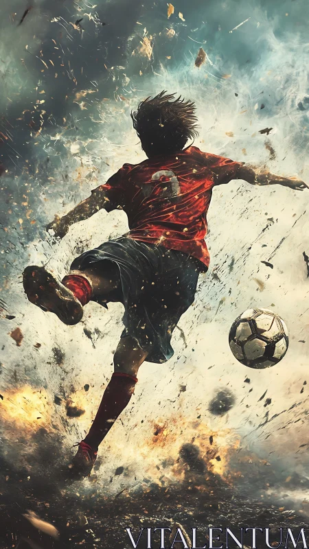 Soccer striker ignites explosive kick through storm chaos.