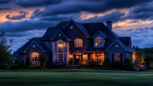 Stone-clad suburban residence at dusk with lit windows.