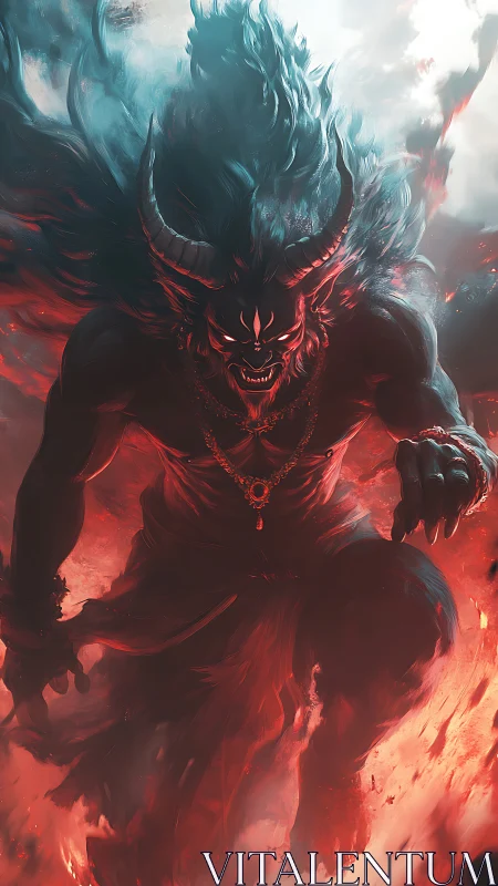 Demonic warrior emerging from infernal fire in dynamic perspective