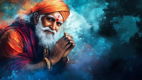 Digital portrait of elder sage against abstract nebular backdrop