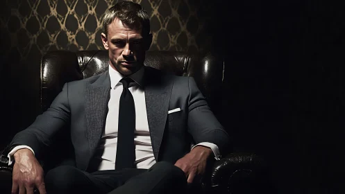 Dramatic low-key portrait of suited man in leather armchair