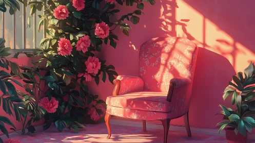 Pink floral armchair under warm window light and foliage.