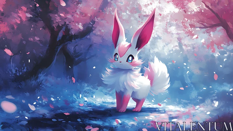 Pastel fox creature in glowing pink blue forest light.