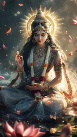 Radiant goddess in lotus meditation amid floating petals.