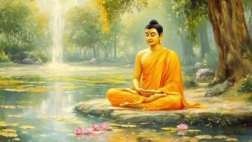 Buddha meditates beside tranquil forest pond under soft light