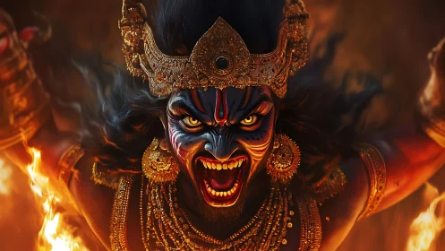 Infernal war deity unleashes a blazing, gold crowned roar.