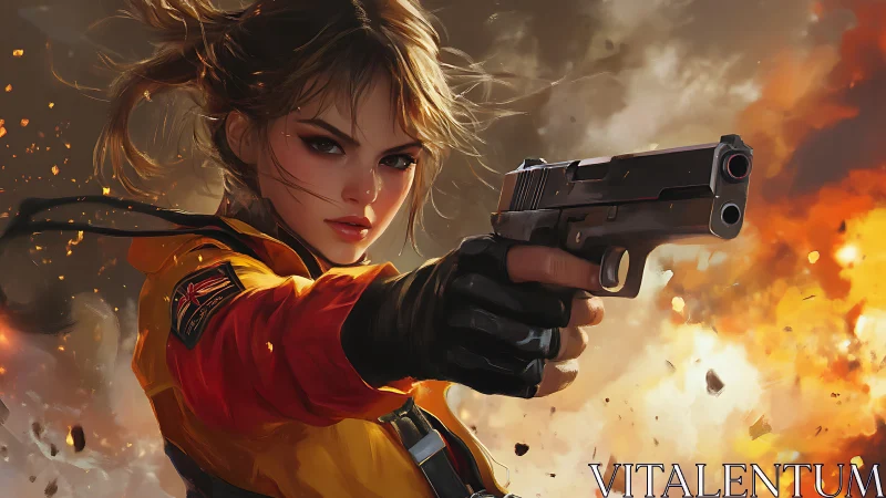 Fierce agent in flaming battlefield standoff, pistol raised.