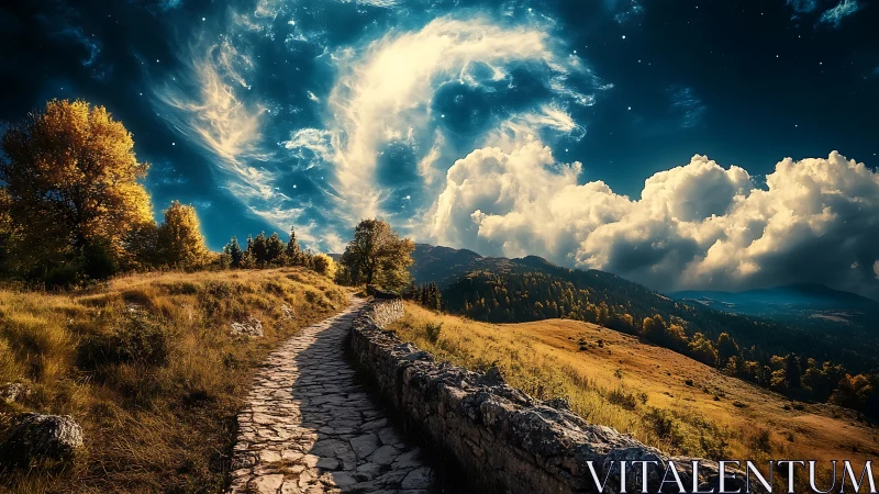 Stone path through golden hills under swirling cosmos.