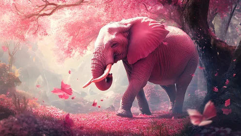 Pink elephant walking in stylized cherry blossom forest scene.