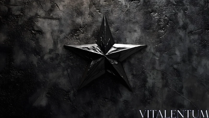 Glossy Black Metal Star on Textured Dark Concrete Wall.
