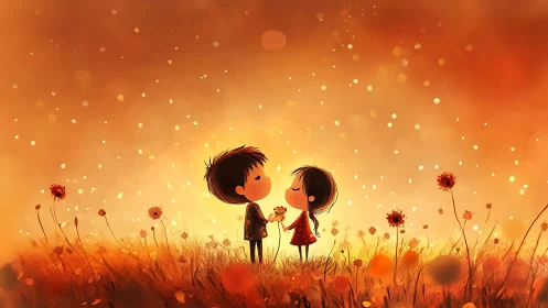 Boy and Girl Share Flower in Golden Sunset Field