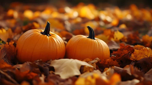 Dual pumpkins amidst defocused autumnal leaf bokeh field.