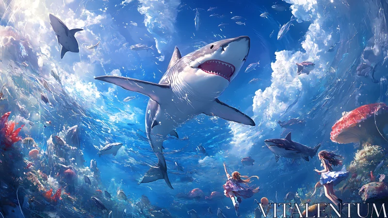 Underwater scene with sharks and two observing figures.