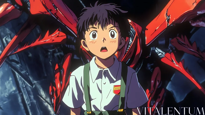 Startled schoolboy before crimson cyber-beast awakening.