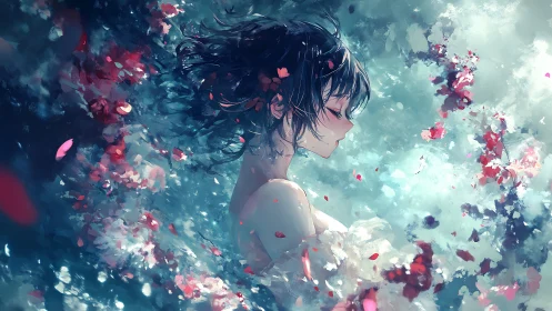 Profile portrait of floating girl in floral water vortex