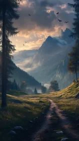 Golden hour mountain trail winds through misty evergreen valley