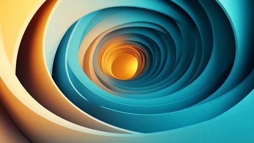 Spiral tunnel of layered teal rings surrounds glowing orange core