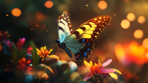 Twilight butterfly scripts glowing stories across garden air