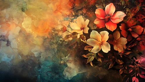 Painterly floral bouquet on textured abstract chromatic field