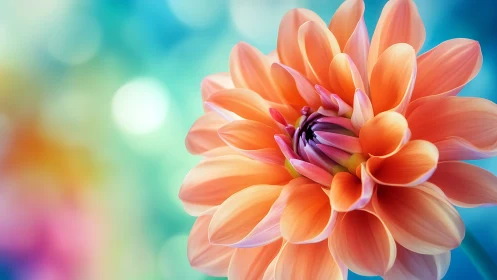 Coral dahlia flower with layered petals against soft blue bokeh background