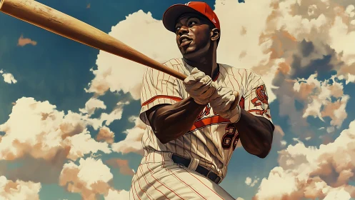 Dynamic baseball slugger poised mid-swing under vast skies.