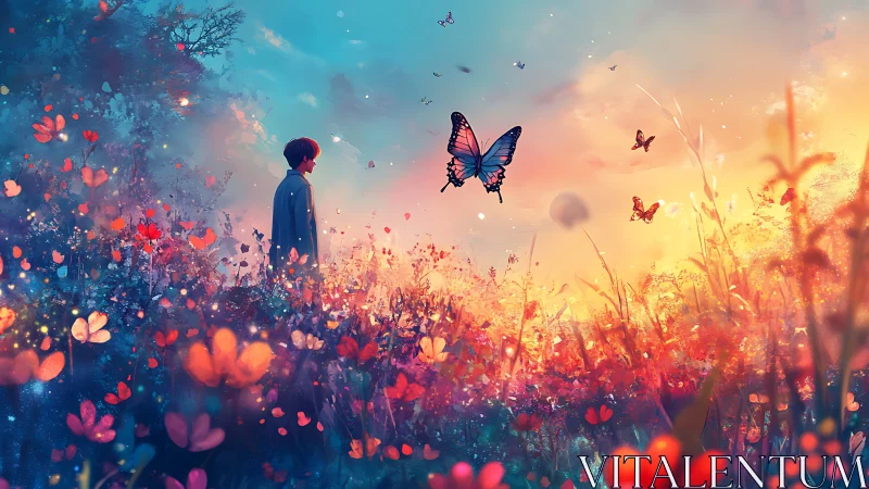 Boy in luminous wildflower meadow with glowing butterflies.