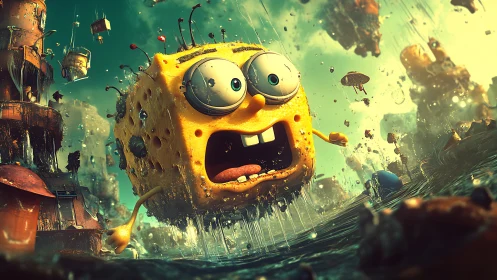 Panicked sponge hero splashing through a wild ocean world.